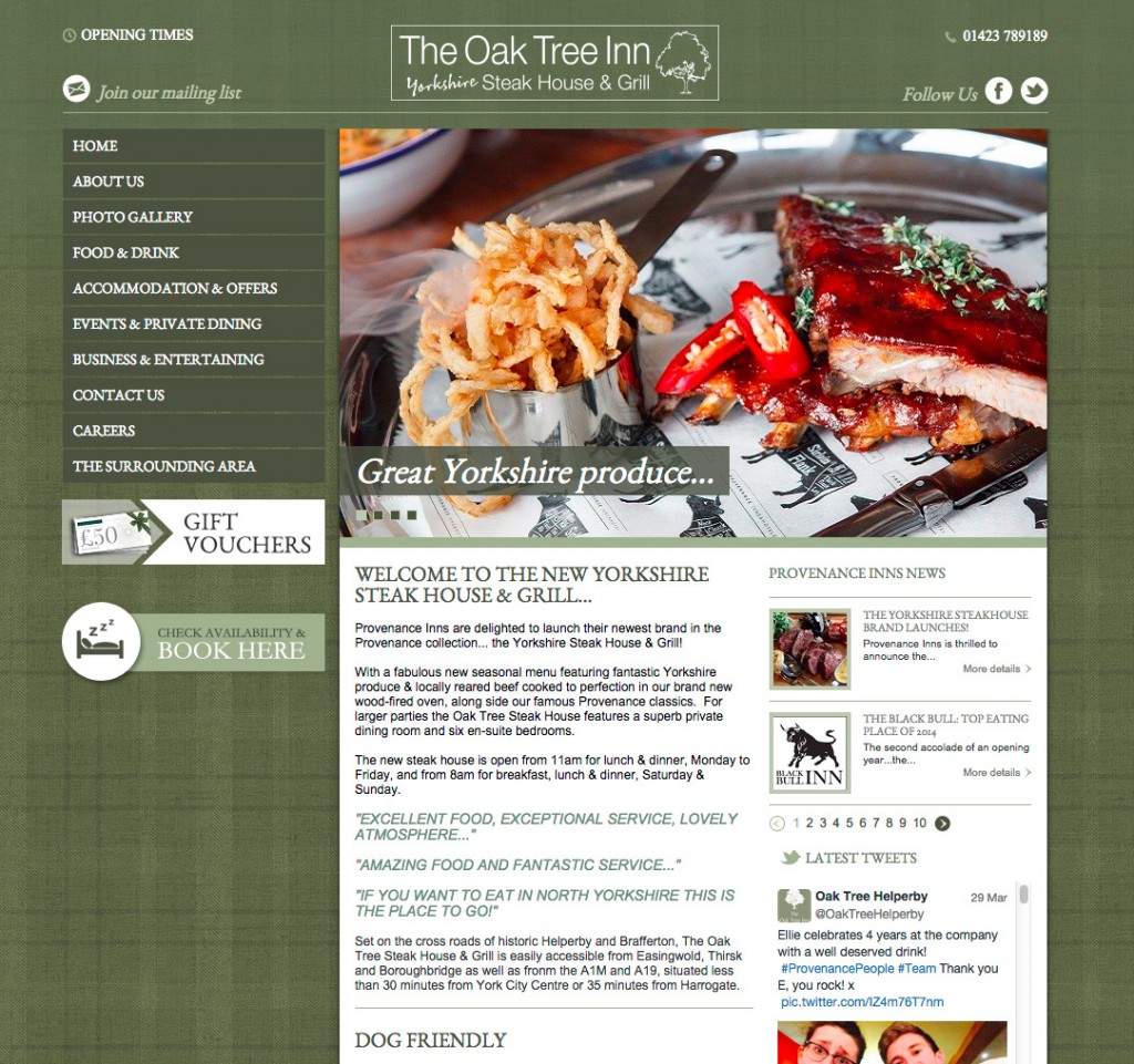 Oak Tree Inn website homepage