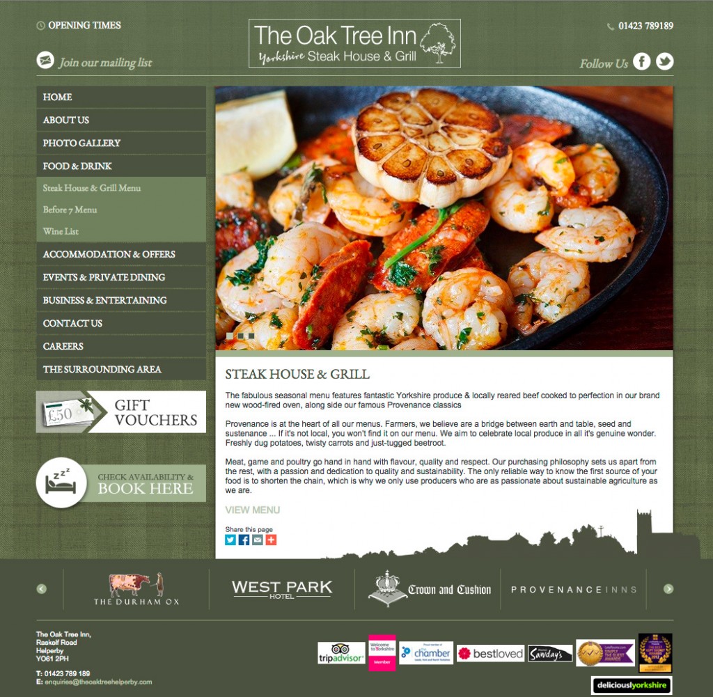 The Oak Tree Menu page