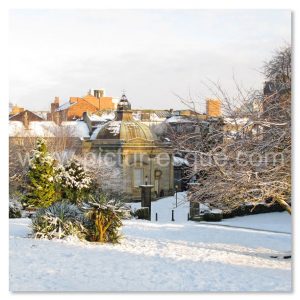 A photographic Christmas Card featuring a photo of The Pump Room in Harrogate in the Snow