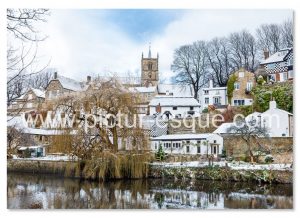 A Christmas card featuring a photo by Charlotte Gale of Waterside Knaresborough in the Snow