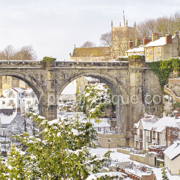 A photographic Christmas card featuring a photo of Knaresborough in the snow