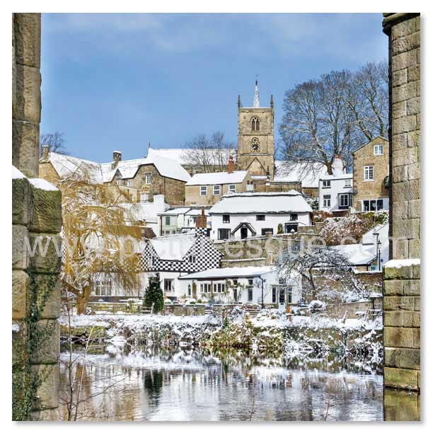 A photographic Christmas card featuring a photo of Knaresborough in the snow