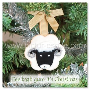 A Yorkshire Christmas Card featuring a Swaledale sheep Christmas tree decoration