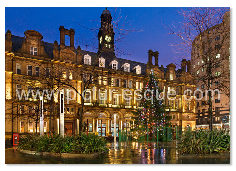 A Christmas card featuring a photo by Charlotte Gale of City Square in Leeds at Christmas