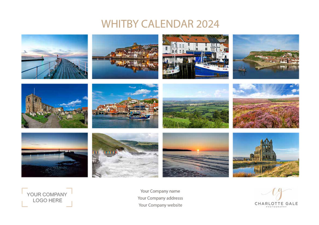 Whitby corporate wall calendar by Charlotte Gale. Businesses can customise this Whitby calendar with their logo and contact details