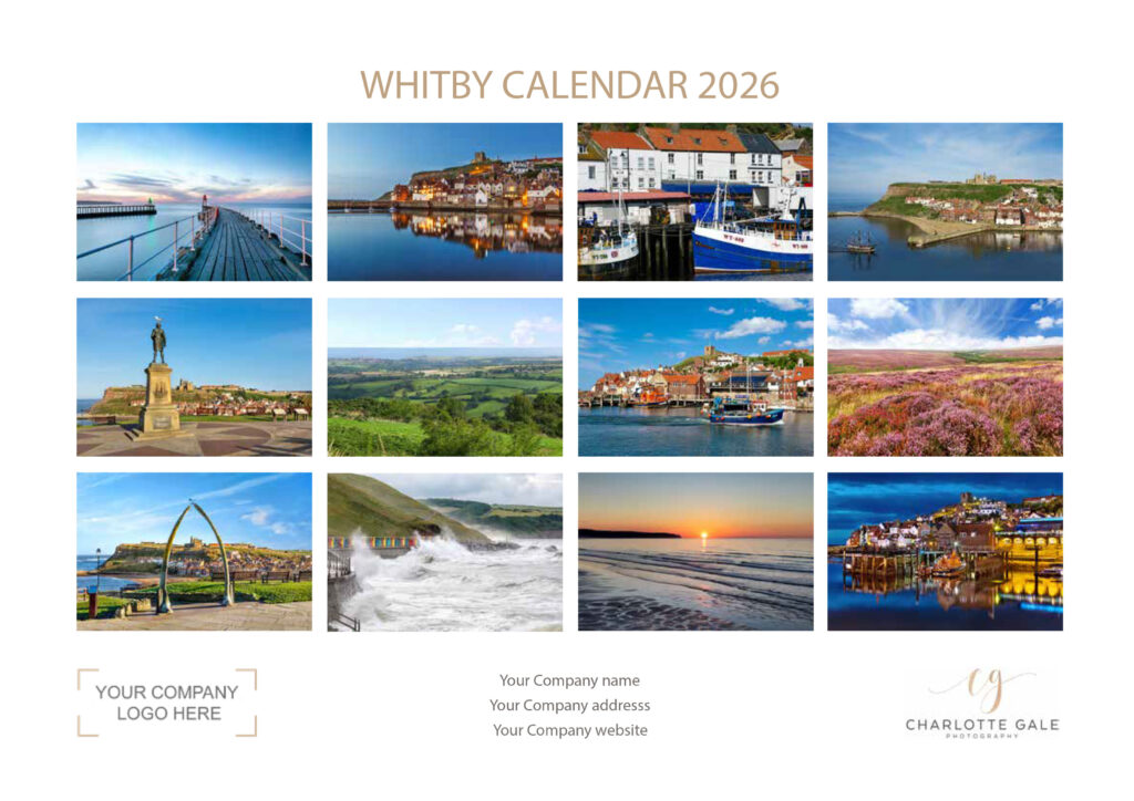 Whitby corporate wall calendar 2026 featuring Whitby photos by local photographer Charlotte Gale