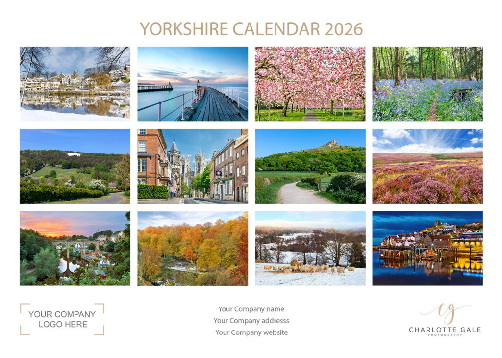 Yorkshire Corporate wall calendar 2026 with logo personalisation options. Photography by Charlotte Gale