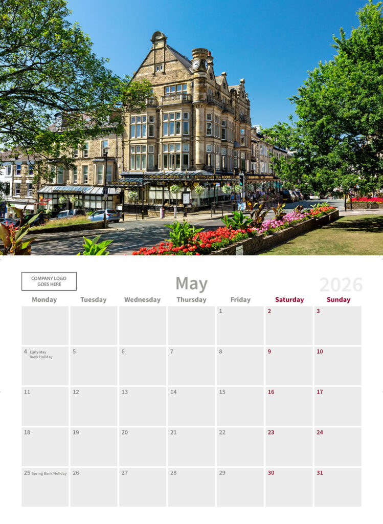 A double A4 Harrogate corporate wall calendar featuring photographs by local photographer Charlotte Gale. Can be fully personalised with your business details