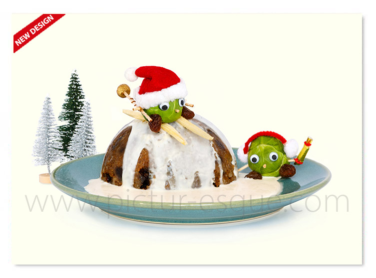 Skiing sprouts novelty Christmas card, hand crafted and photographed by Charlotte Gale